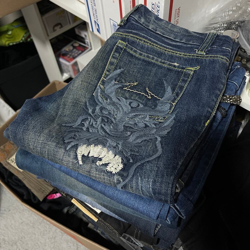 Vintage Dragon Embroidered Japanese Low-rise Bootcut Denim Jeans Blue size 29